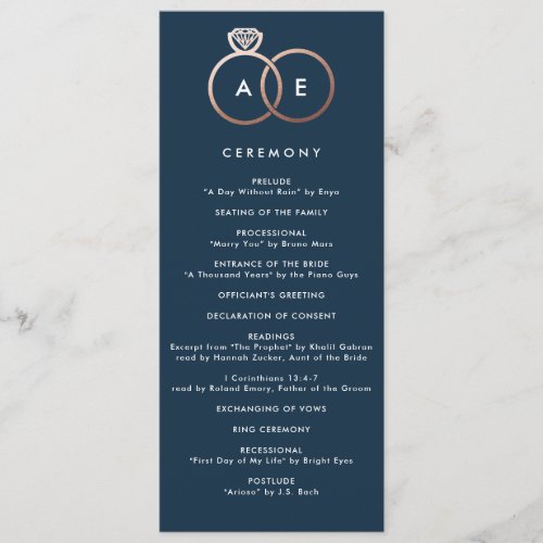 Modern Rose Gold Rings Navy Blue Wedding Program