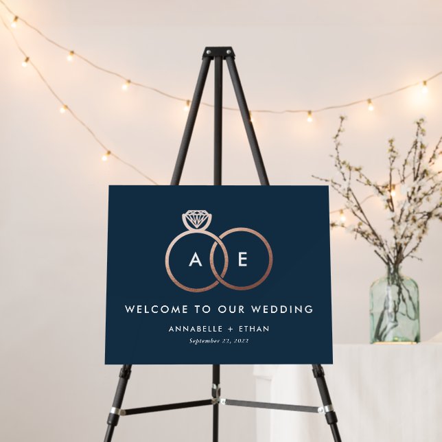 Modern Rose Gold Rings Navy Blue Wedding Welcome Foam Board (In Situ (Stand))