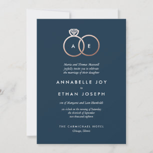 Modern Rose Gold Rings Navy Wedding Invitation