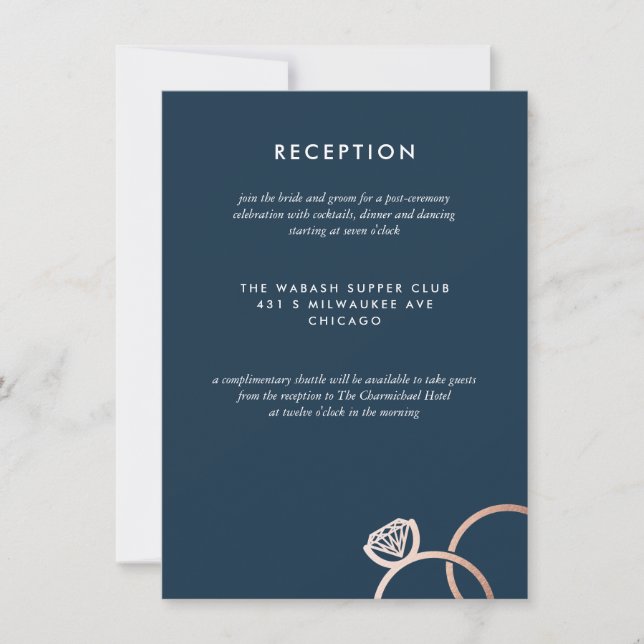 Modern Rose Gold Rings Wedding Reception Card (Front)