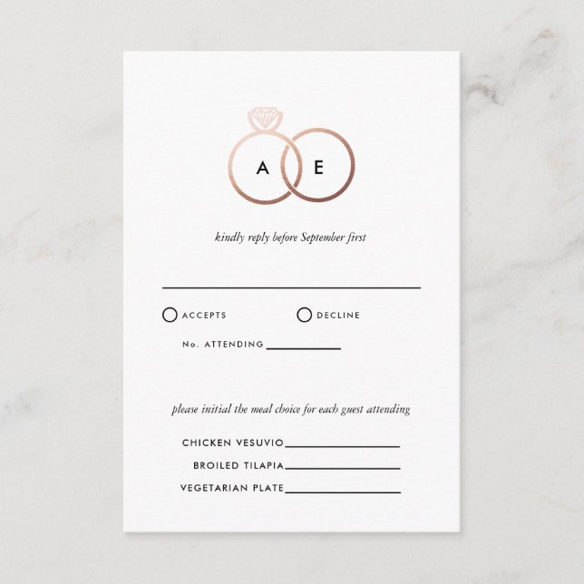 Modern Rose Gold Rings Wedding RSVP Reply Card (Front)