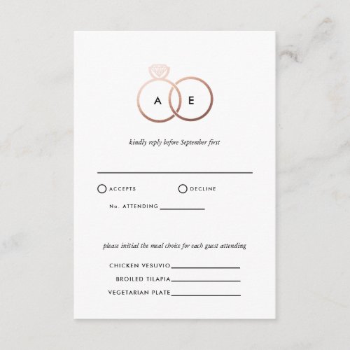 Modern Rose Gold Rings Wedding RSVP Reply Card