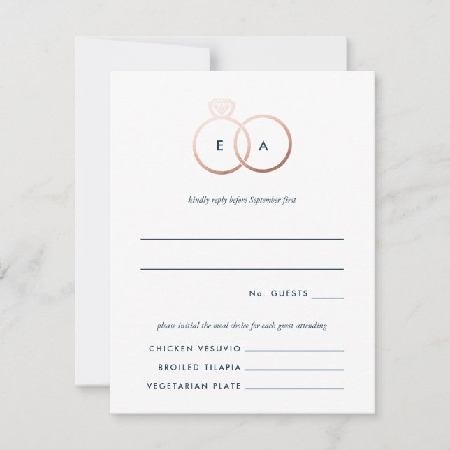 Modern Rose Gold Rings Wedding RSVP Reply Card (Front)