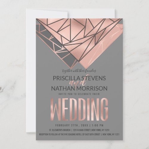 Modern Rose Gold Rose Gold Gray Geometric Wedding Invitation