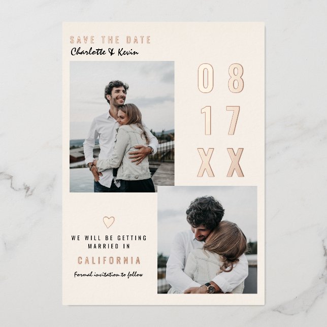 Modern rose gold save the date wedding 2 photos foil invitation (Front)