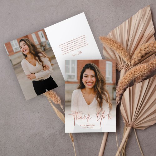 Modern Rose Gold Script 2 Photo Graduation  Thank You Card