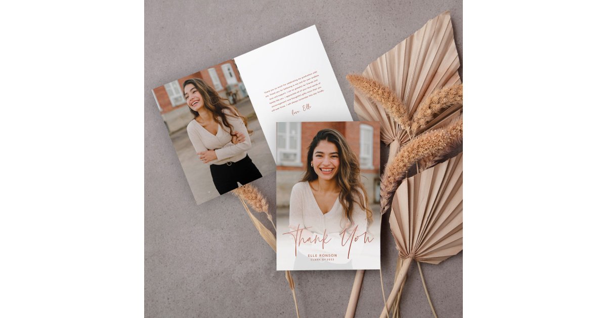 Modern Rose Gold Script 2 Photo Graduation Thank You Card | Zazzle