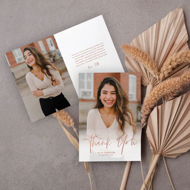 Modern Rose Gold Script 2 Photo Graduation Thank You Card | Zazzle