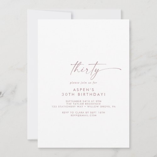 Modern Rose Gold Script 30th Birthday Party Invitation