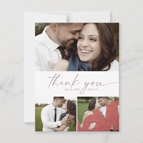 Modern Rose Gold Script 3 Photo Collage Wedding Thank You Card