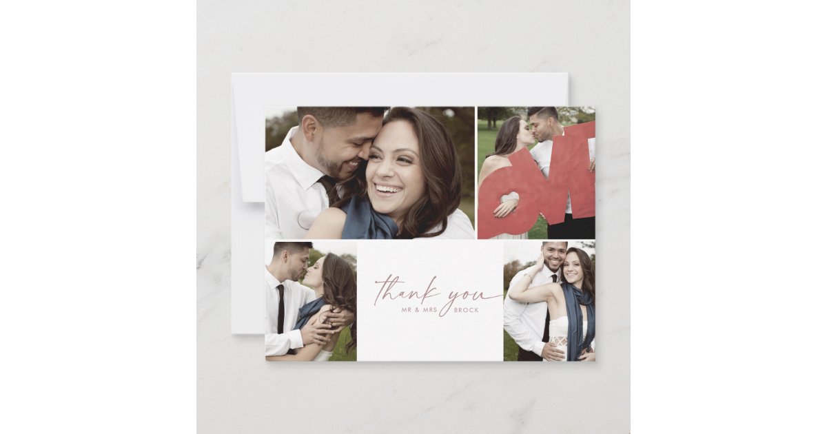 Modern Rose Gold Script 4 Photo Collage Wedding Thank You Card | Zazzle
