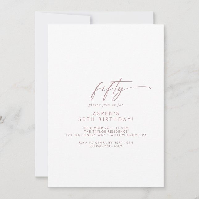 Modern Rose Gold Script 50th Birthday Party Invitation (Front)