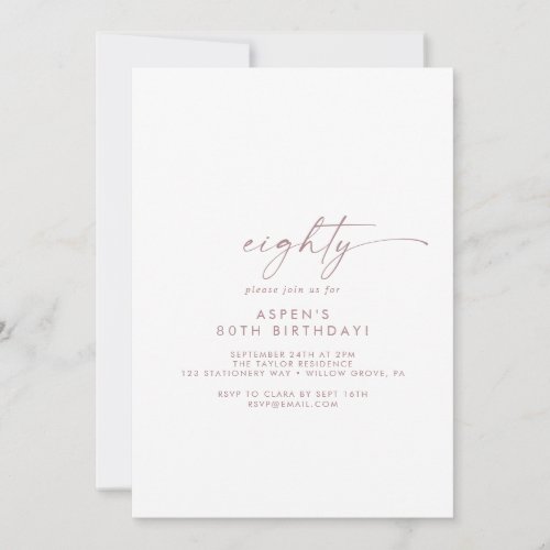 Modern Rose Gold Script 80th Birthday Party Invitation