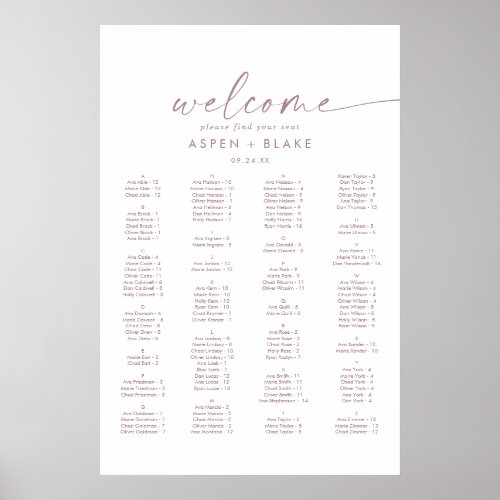 Modern Rose Gold Script Alphabetical Seating Chart