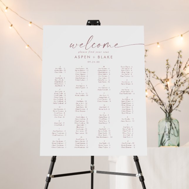 Modern Rose Gold Script Alphabetical Seating Chart Foam Board (In Situ (Stand))