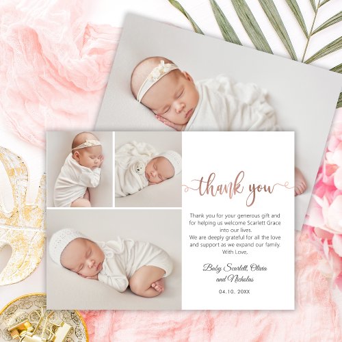 Modern Rose Gold Script Baby 3 Photo Collage Thank You Card