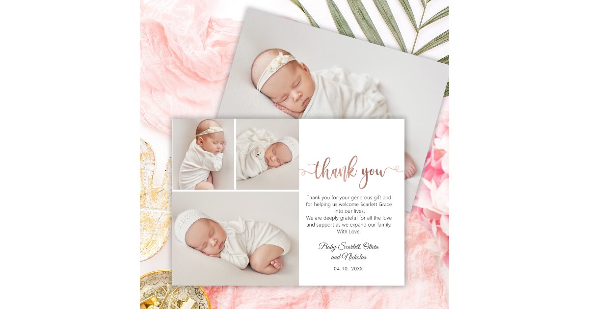 Modern Rose Gold Script Baby 3 Photo Collage Thank You Card | Zazzle