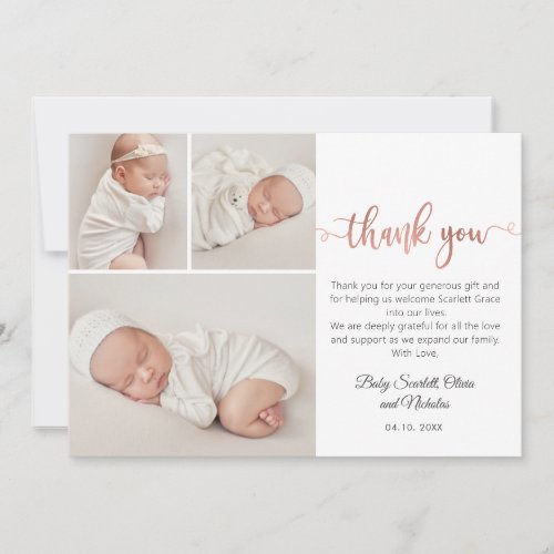 Modern Rose Gold Script Baby 3 Photo Collage Thank You Card