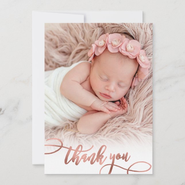 Modern Rose Gold Script Baby Girl Photo Thank You (Front)
