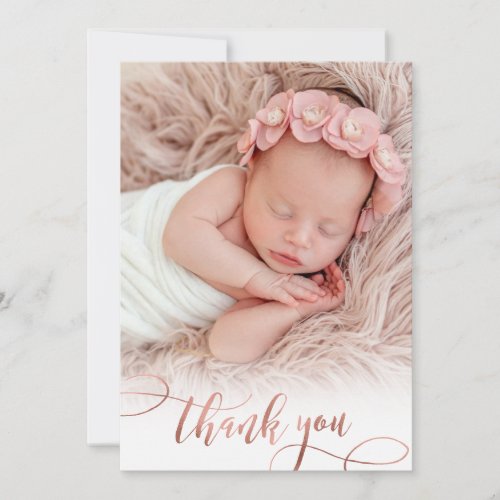 Modern Rose Gold Script Baby Girl Photo Thank You