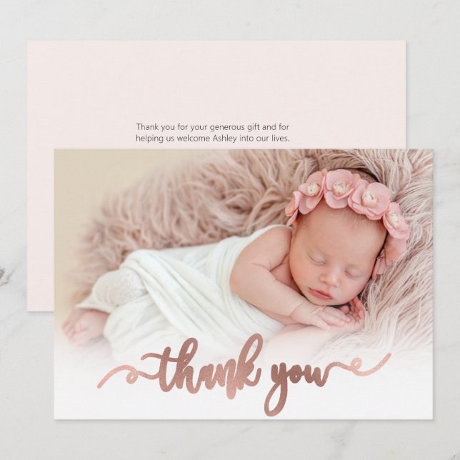 Modern Rose Gold Script Baby Photo Thank You Card (Front/Back)
