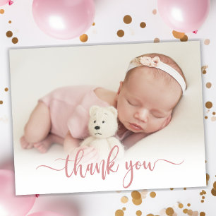 Modern Rose Gold Script Baby Photo Thank You Card