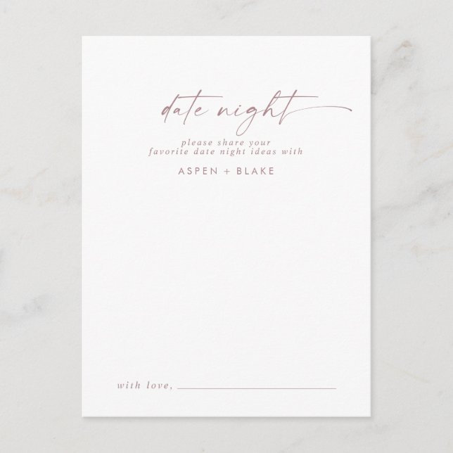 Modern Rose Gold Script Date Night Idea Advice Card (Front)