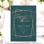 Modern rose gold script emerald green Sweet 16 Invitation<br><div class="desc">Modern faux rose gold script geometric emerald green Sweet 16 birthday party invitation with swirls typography and a minimal faux rose gold stripe geometric frame on elegant modern green.</div>