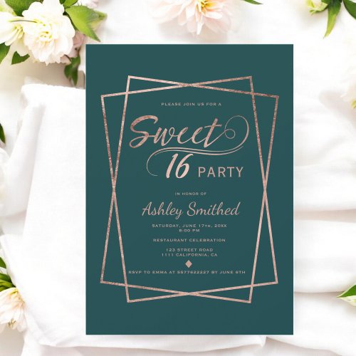 Modern rose gold script emerald green Sweet 16 Invitation