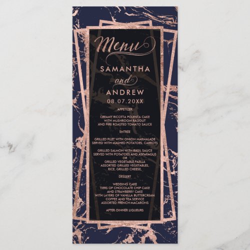 Modern rose gold script geometric navy marble menu