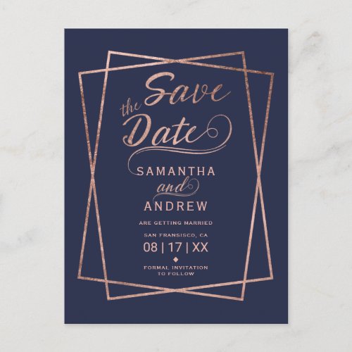 Modern rose gold script geometric save the date 2 announcement postcard