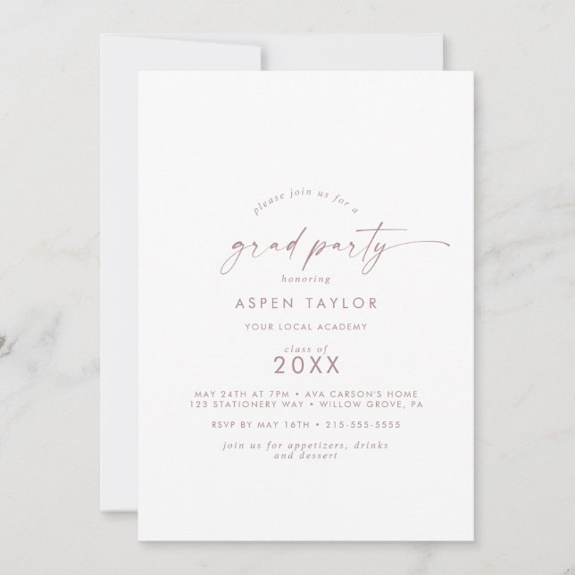 Modern Rose Gold Script Grad Party Invitation (Front)