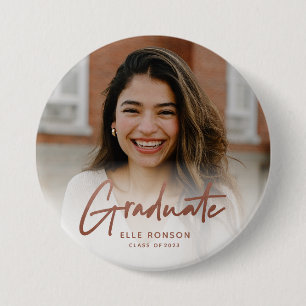 Modern Rose Gold Script Graduate Photo Button