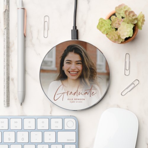 Modern Rose Gold Script Graduate Photo Wireless Charger