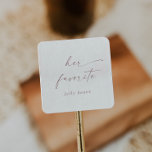 Modern Rose Gold Script Her Favorite Wedding Favor Square Sticker<br><div class="desc">These modern rose gold script her favorite wedding favor stickers are perfect for a minimalist wedding. The simple blush pink rose gold color design features unique industrial lettering typography with modern boho style. Customizable in any color. Keep the design minimal and elegant, as is, or personalize it by adding your...</div>