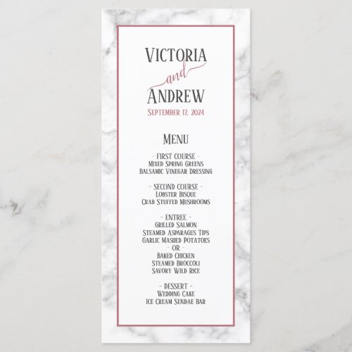 Modern Rose Gold Script Marble Wedding Menu