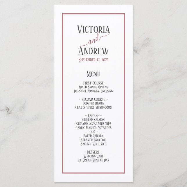 Modern Rose Gold Script Minimal Wedding Menu (Front)