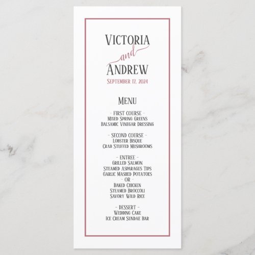 Modern Rose Gold Script Minimal Wedding Menu