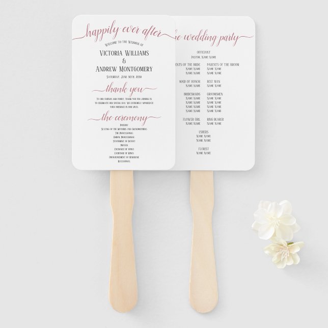 Modern Rose Gold Script Minimal Wedding Program Hand Fan (Front and Back)