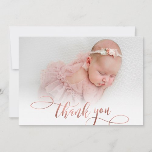 Modern Rose Gold Script New Baby Photo Thank You