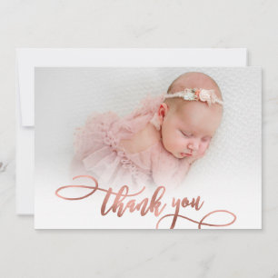 Modern Rose Gold Script New Baby Photo Thank You Card