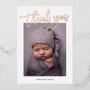 Modern Rose Gold Script Photo Baby Thank You Foil Invitation
