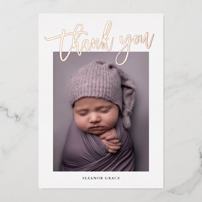 Modern Rose Gold Script Photo Baby Thank You Foil Invitation (Front)