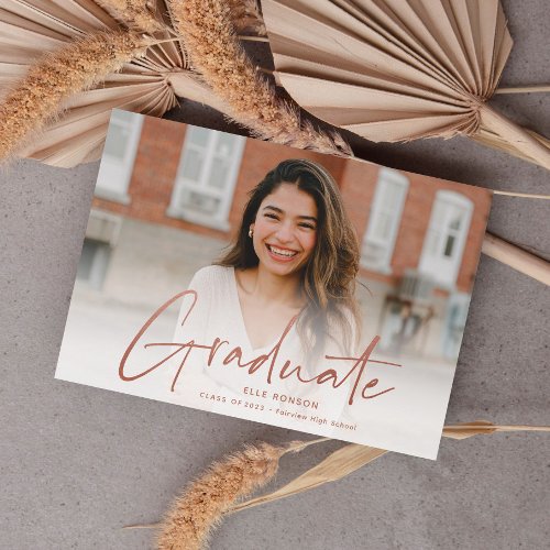 Modern Rose Gold Script Photo Graduation Announcement