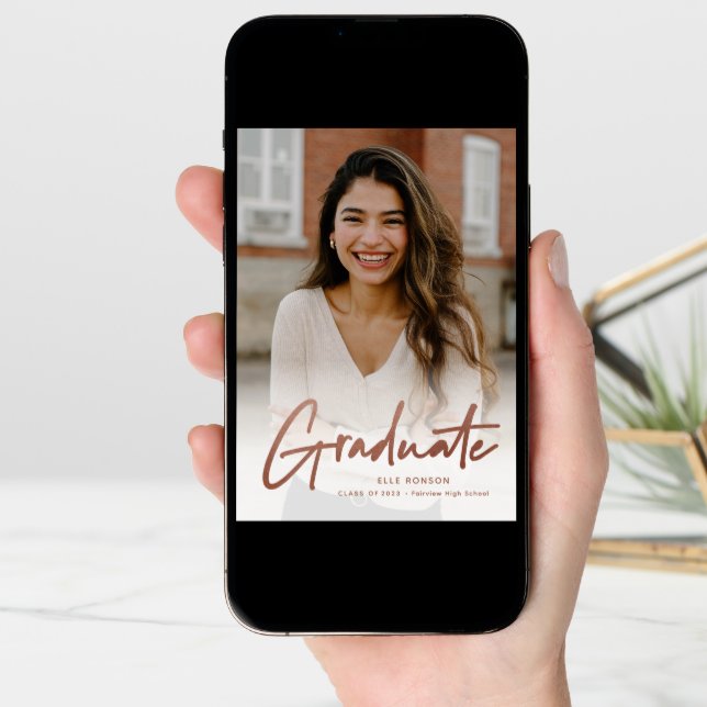 Modern Rose Gold Script Photo Graduation Announcement (Front Digital)
