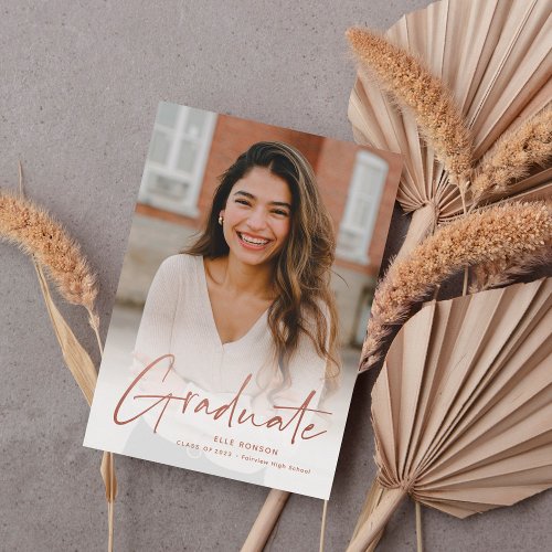 Modern Rose Gold Script Photo Graduation Party Invitation