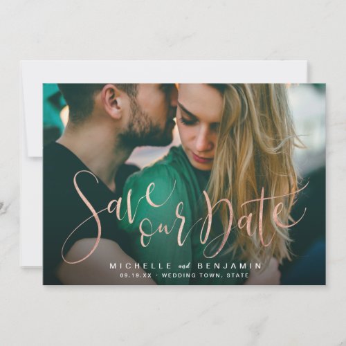 Modern rose gold script photo save the date