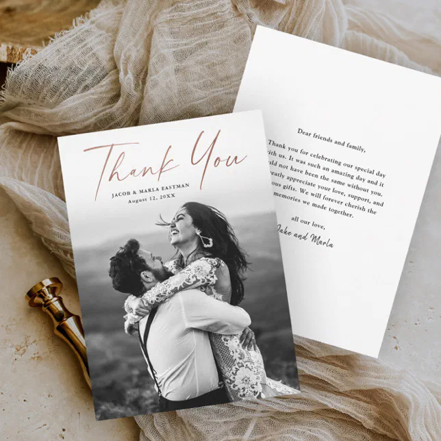 Modern Rose Gold Script Photo Wedding Thank You Card | Zazzle