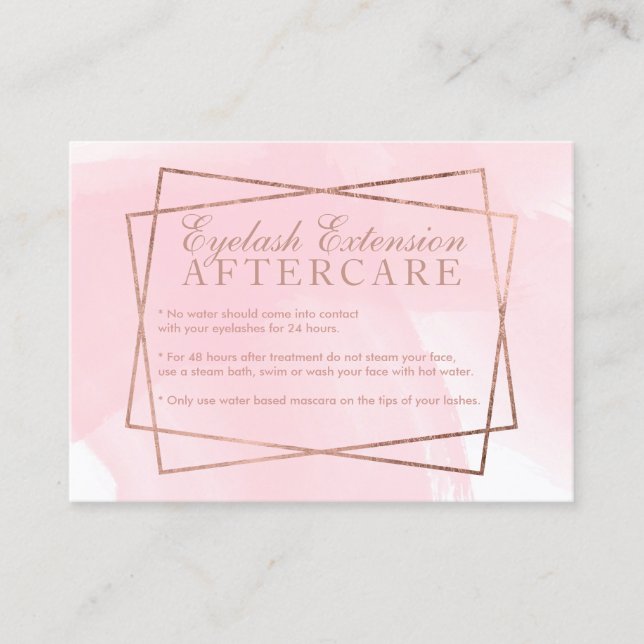 Modern rose gold script pink eyelash aftercare business card (Front)