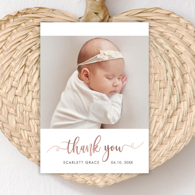 Modern Rose Gold Script Simple Baby Photo  Thank You Card (Creator Uploaded)